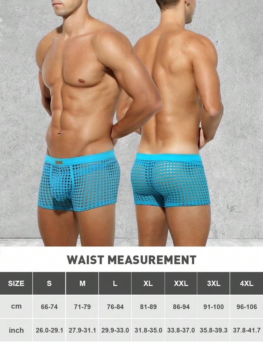 Men's breathable mesh trunk underwear featuring plain contrast mesh design and quick-drying polyester fabric.