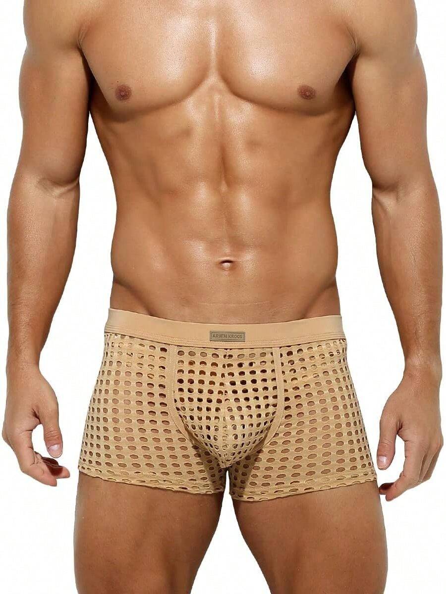 Men's breathable mesh trunk underwear featuring plain contrast mesh design and quick-drying polyester fabric.