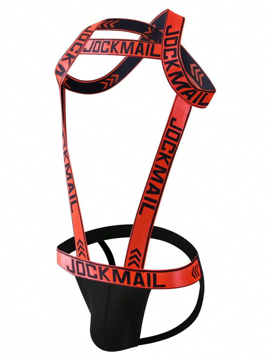 Red men's 2-in-1 one-shoulder strap jockstrap underwear with adjustable strap design.