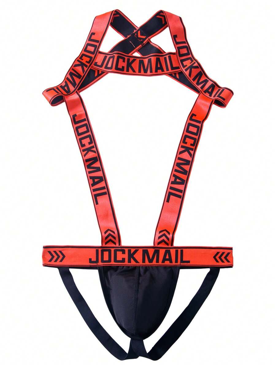 Red men's 2-in-1 one-shoulder strap jockstrap underwear with adjustable strap design.