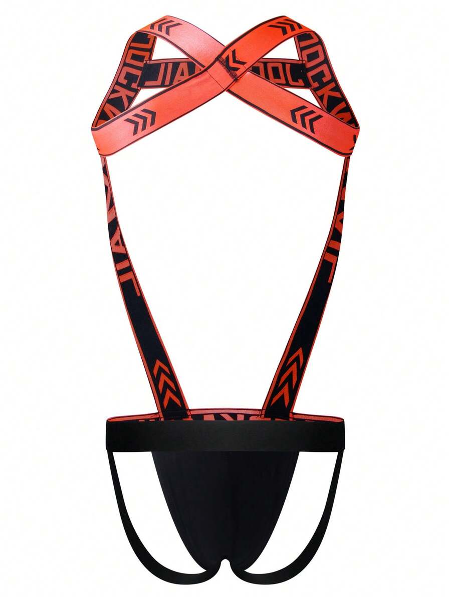 Red men's 2-in-1 one-shoulder strap jockstrap underwear with adjustable strap design.