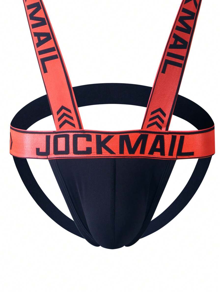 Red men's 2-in-1 one-shoulder strap jockstrap underwear with adjustable strap design.