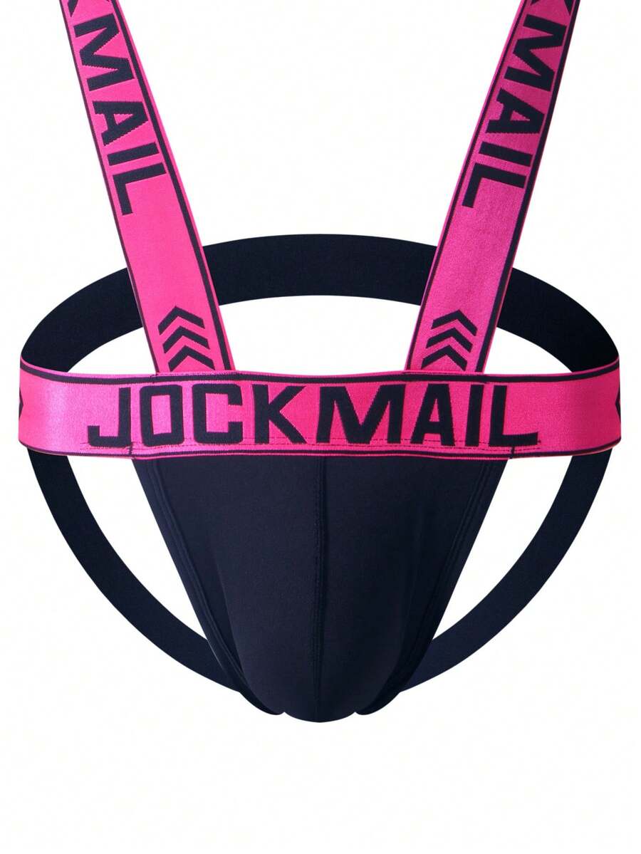 Red men's 2-in-1 one-shoulder strap jockstrap underwear with adjustable strap design.