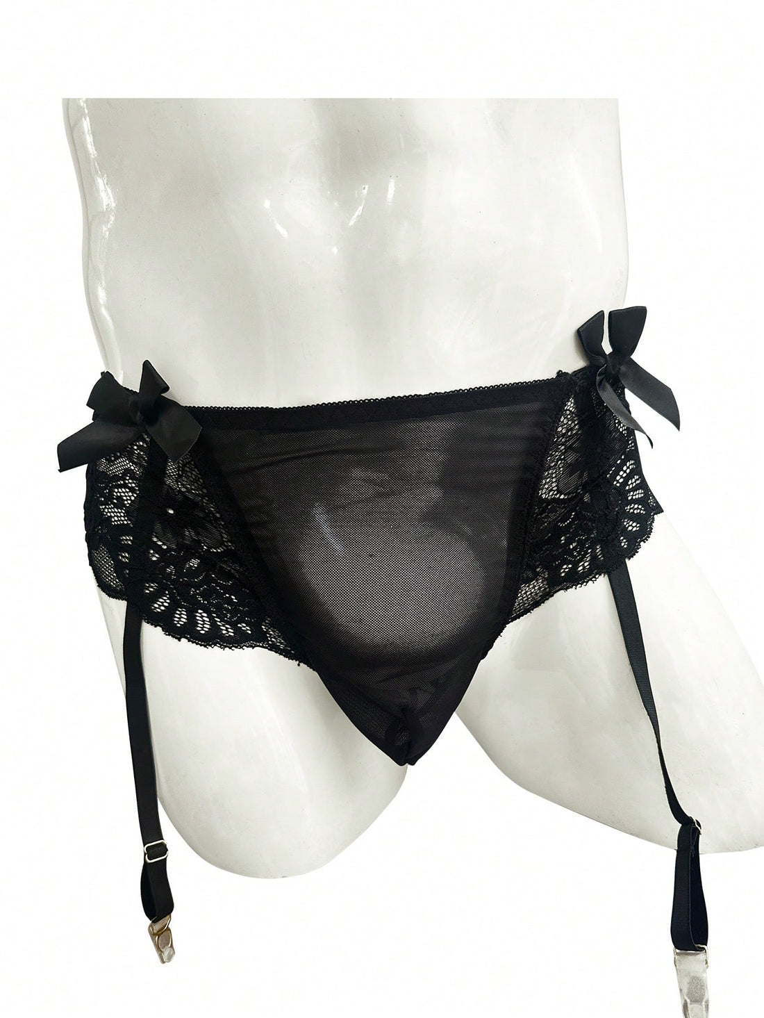 Black low rise men's lace boxer shorts with garter style detail