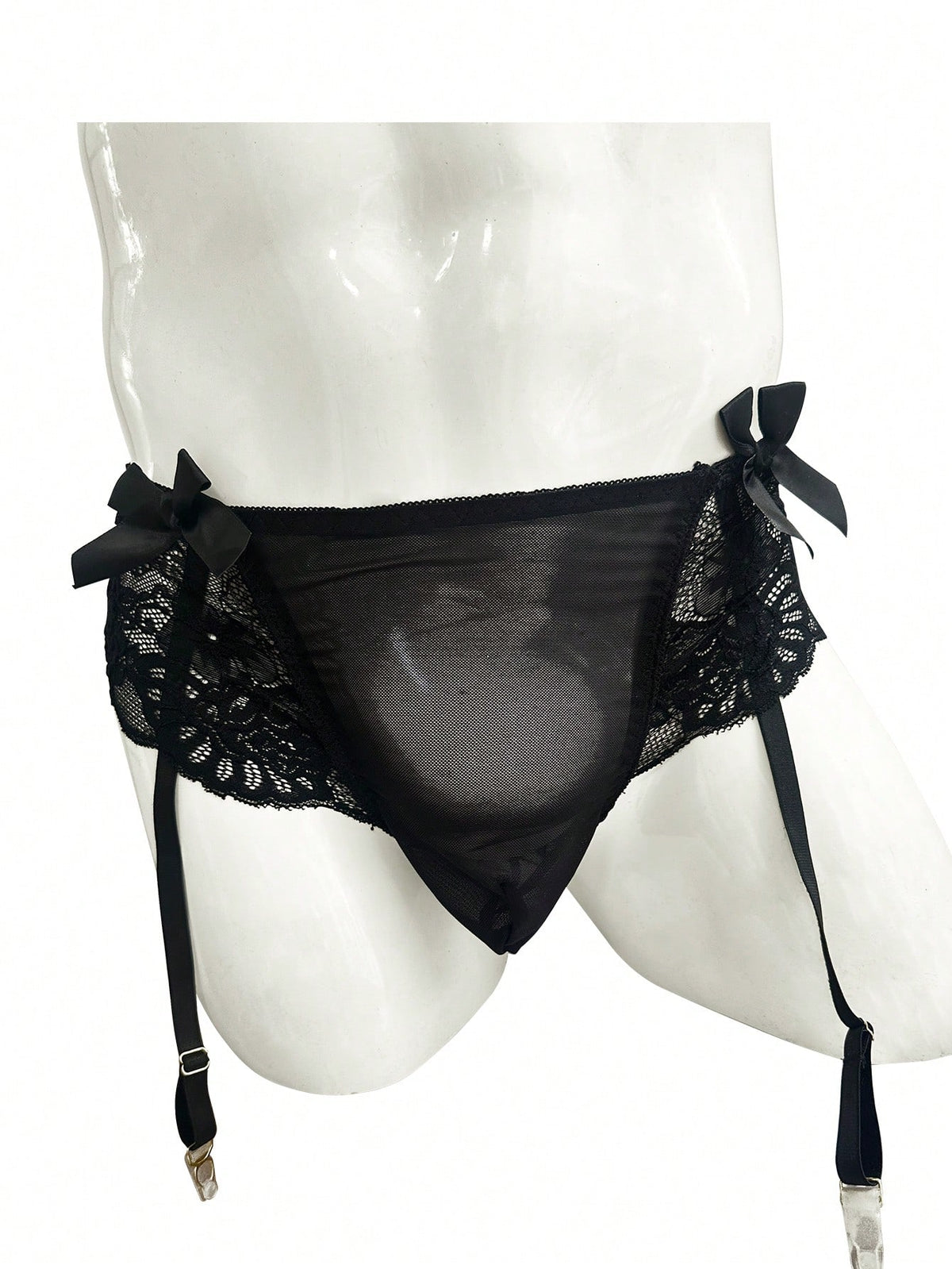 Black low rise men's lace boxer shorts with garter style detail