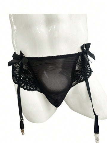 Black low rise men's lace boxer shorts with garter style detail