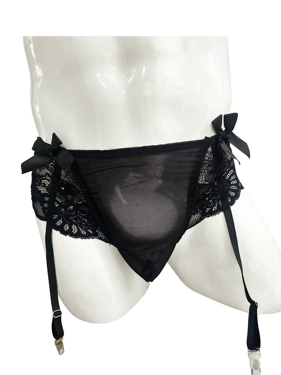 Black low rise men's lace boxer shorts with garter style detail