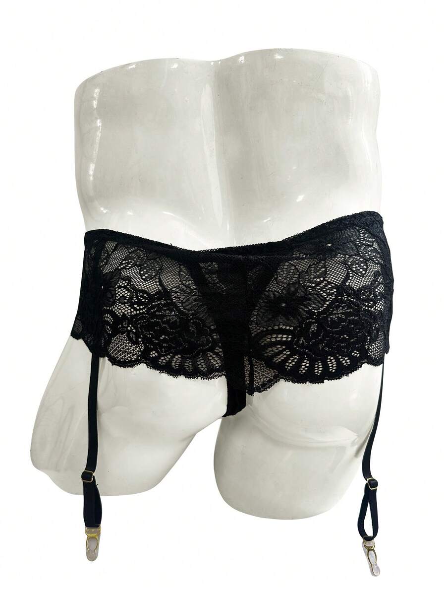 Black low rise men's lace boxer shorts with garter style detail