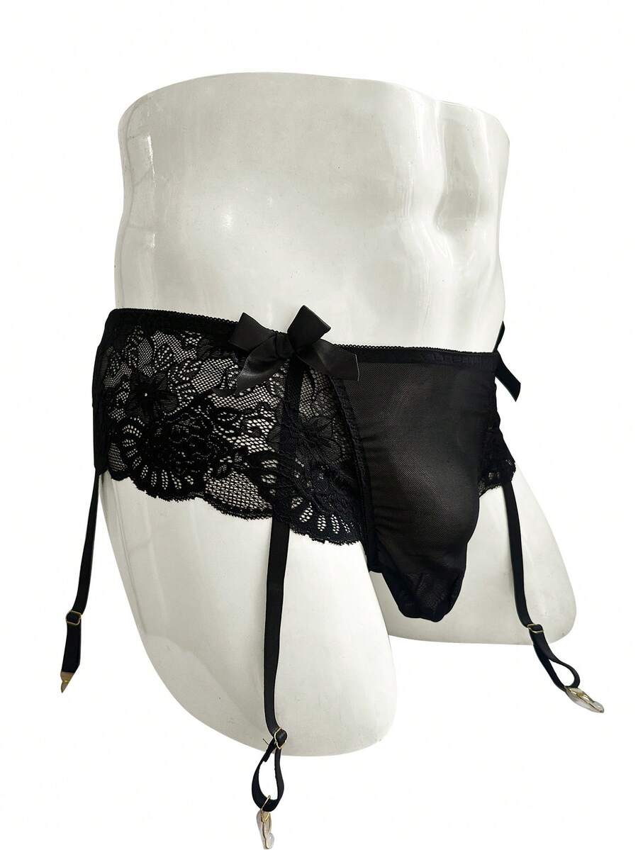 Black low rise men's lace boxer shorts with garter style detail
