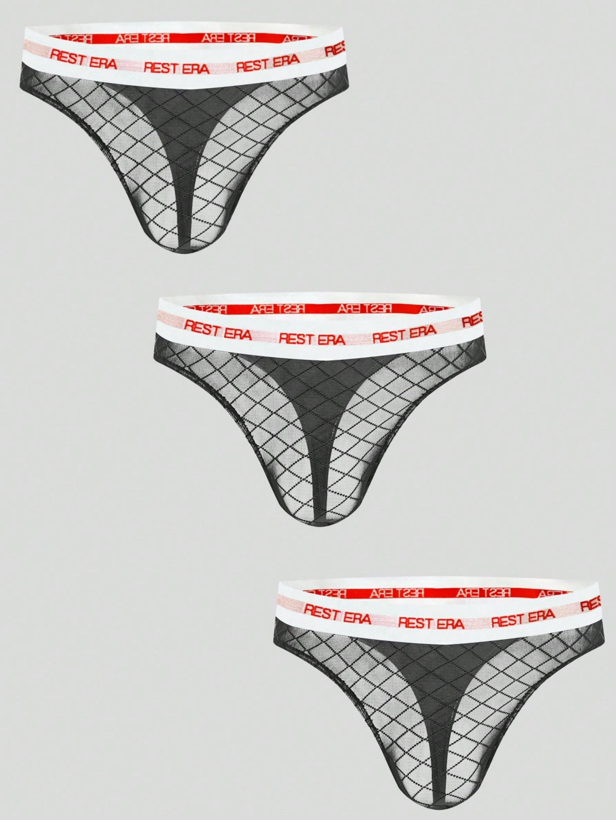 Black men's low rise letter print thongs in semi-sheer knitted fabric 3 piece set