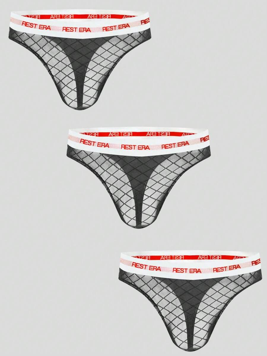 Black men's low rise letter print thongs in semi-sheer knitted fabric 3 piece set