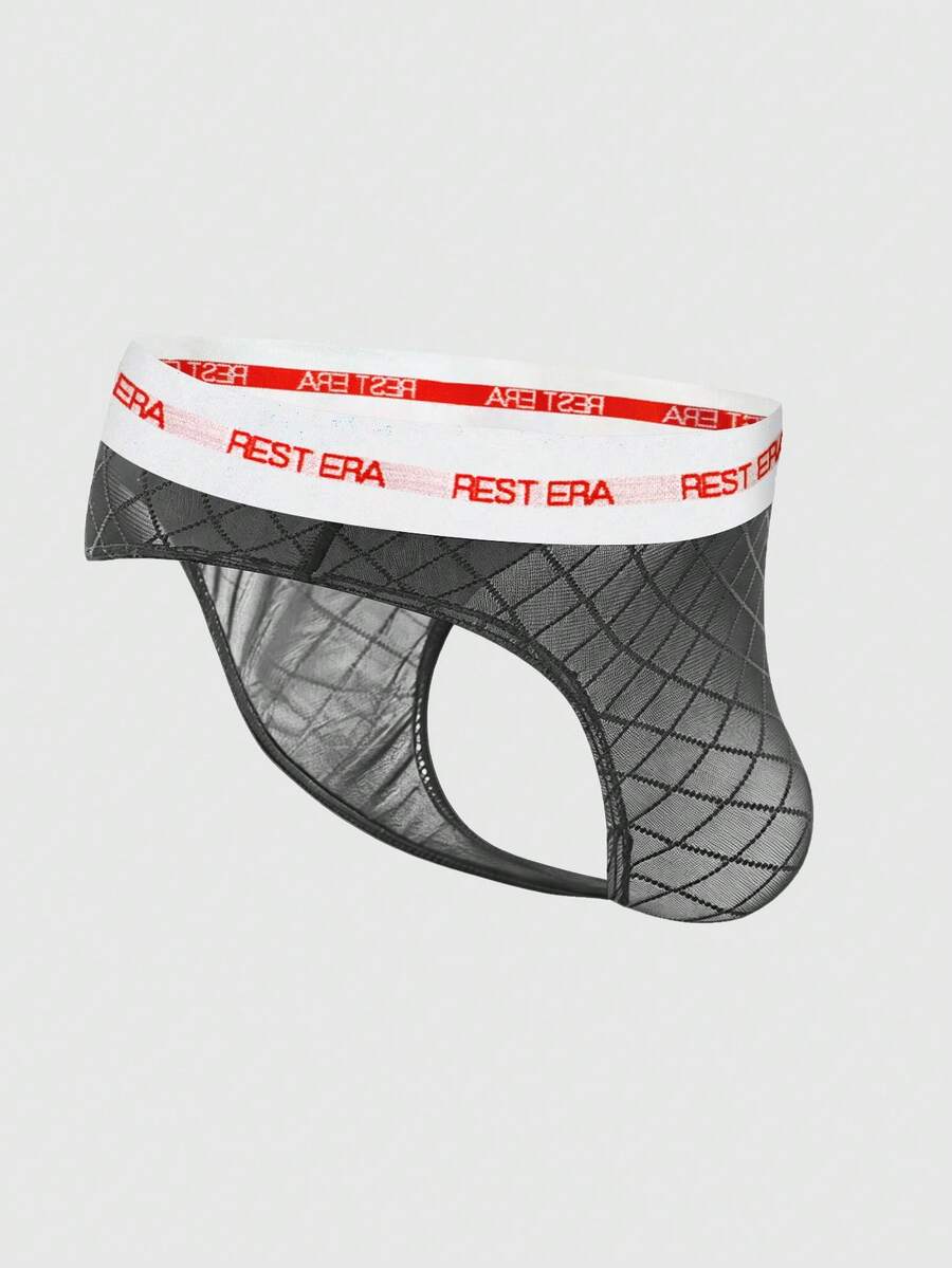 Black men's low rise letter print thongs in semi-sheer knitted fabric 3 piece set