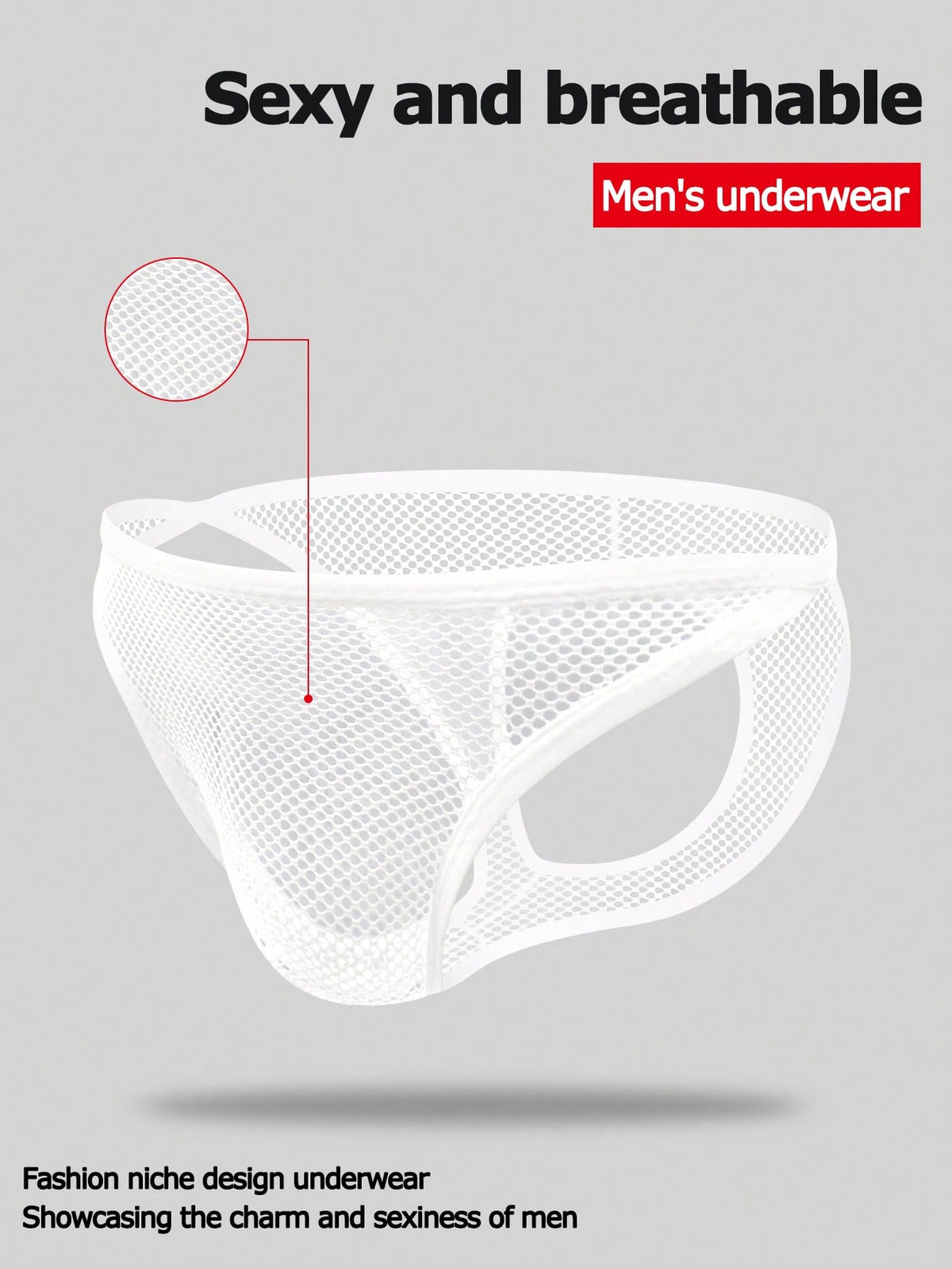 White men's low rise hollow out mesh jockstrap featuring contrast lace detailing and a scoop neck.