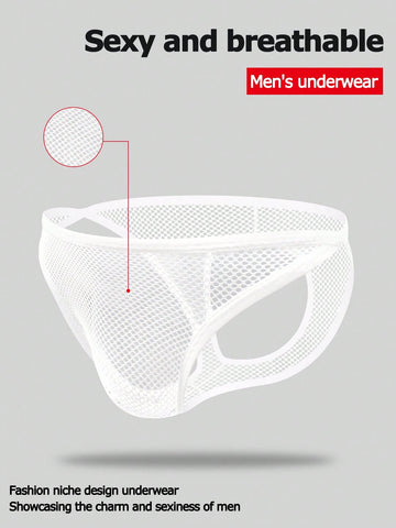 White men's low rise hollow out mesh jockstrap featuring contrast lace detailing and a scoop neck.