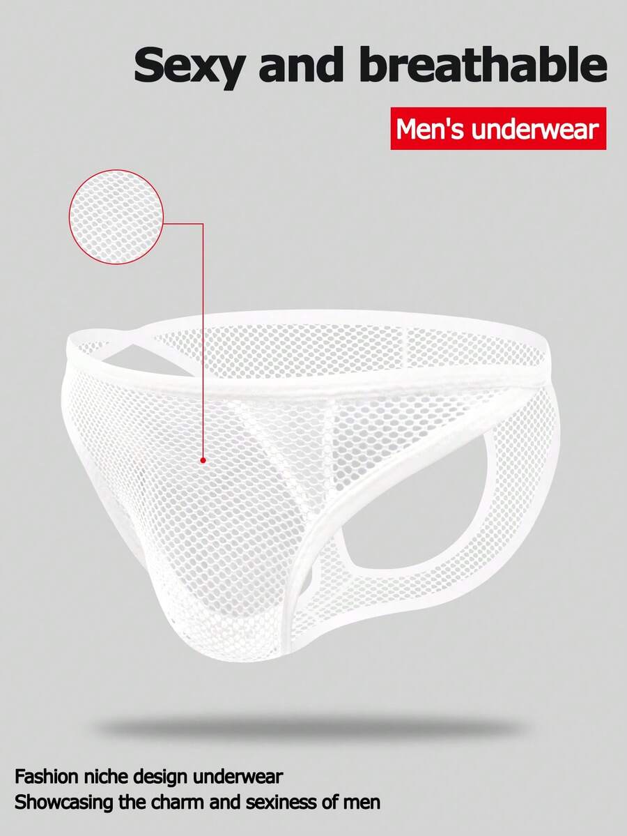 White men's low rise hollow out mesh jockstrap featuring contrast lace detailing and a scoop neck.