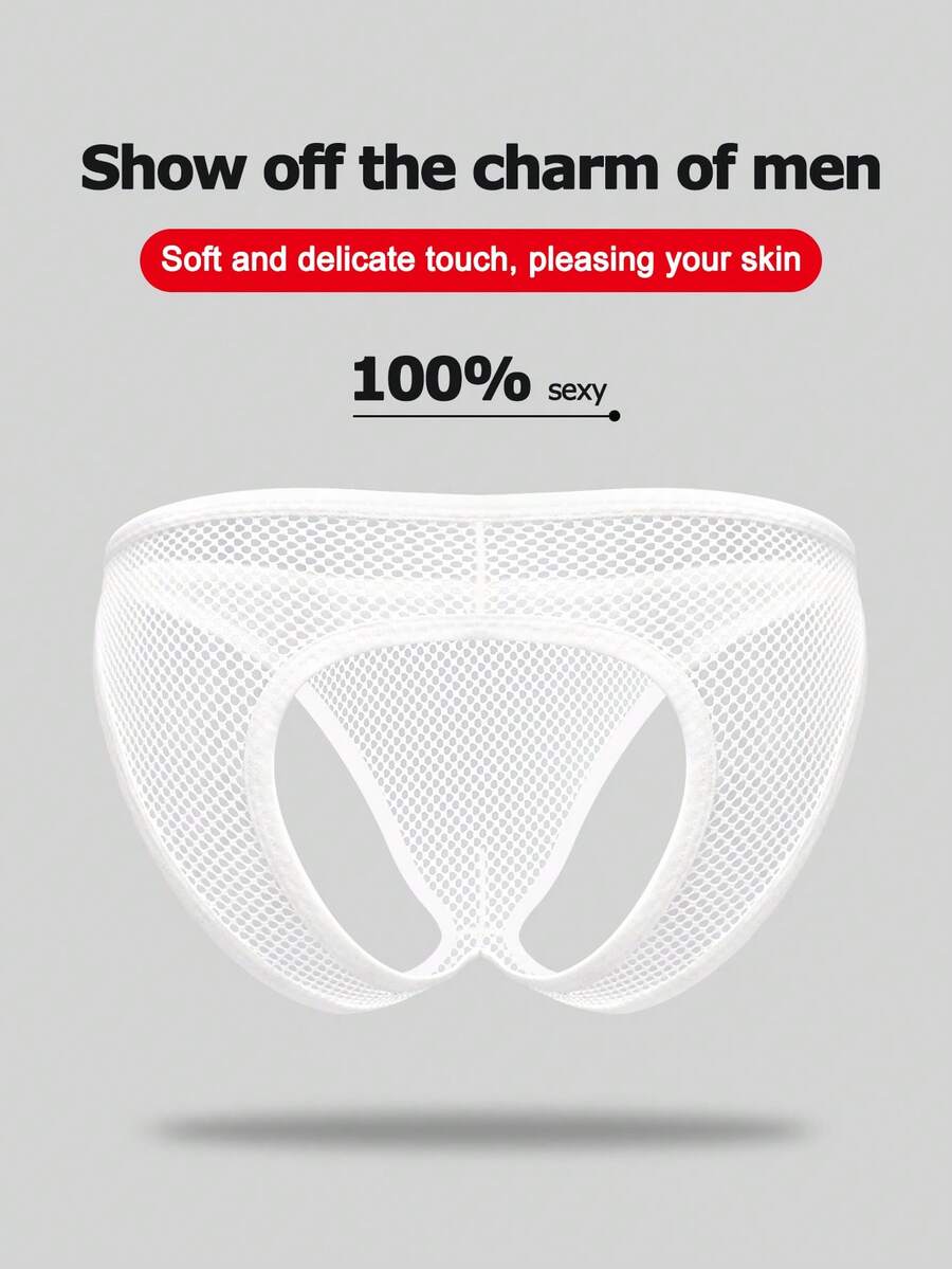 White men's low rise hollow out mesh jockstrap featuring contrast lace detailing and a scoop neck.