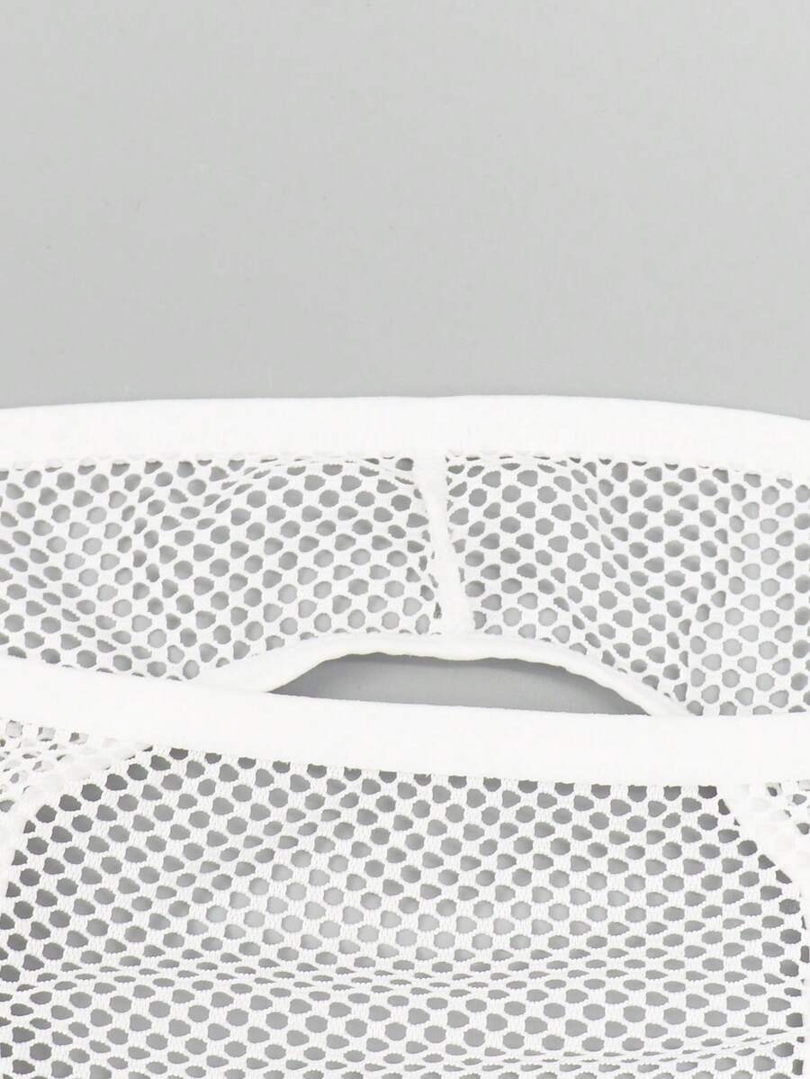 White men's low rise hollow out mesh jockstrap featuring contrast lace detailing and a scoop neck.