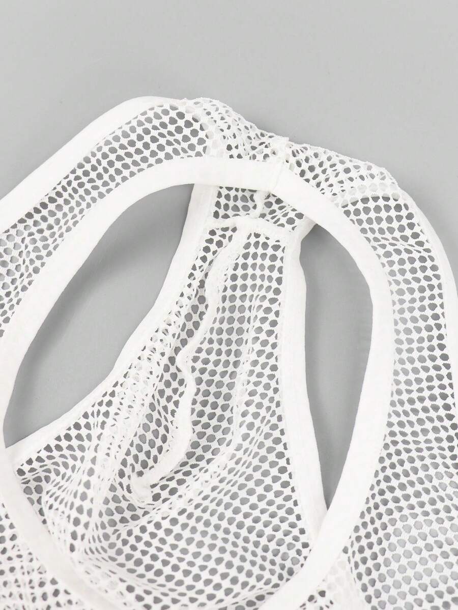 White men's low rise hollow out mesh jockstrap featuring contrast lace detailing and a scoop neck.