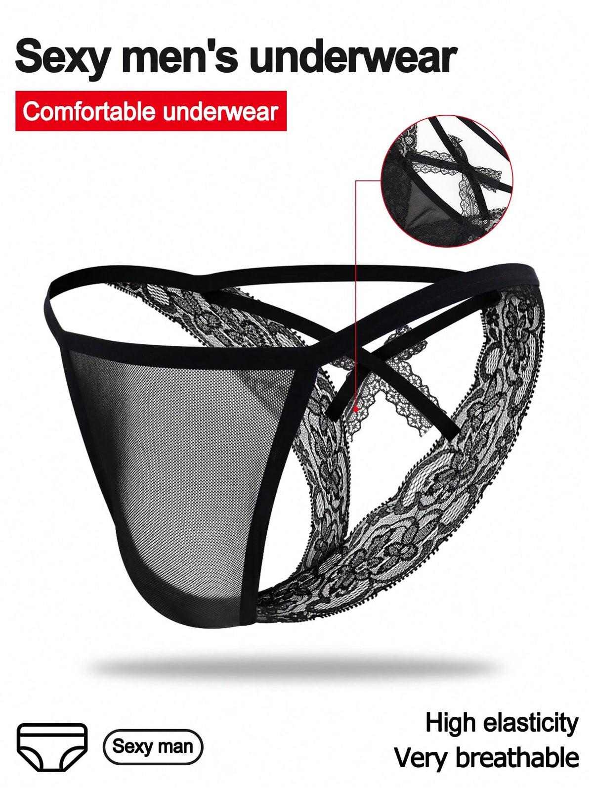 Men's black mesh thong underwear featuring lace trim and bow accent