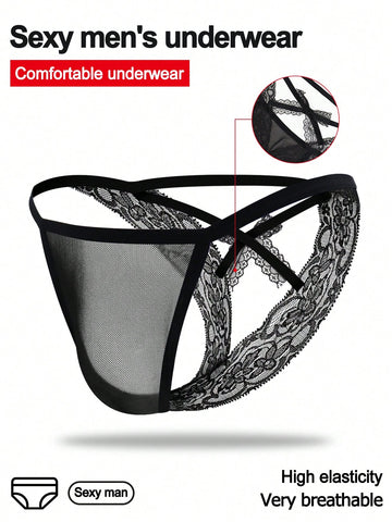Men's black mesh thong underwear featuring lace trim and bow accent