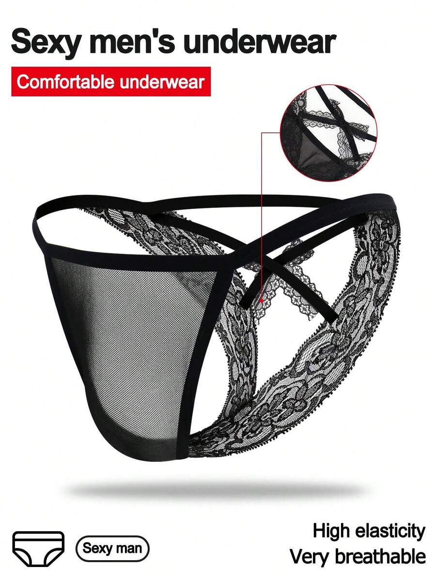 Men's black mesh thong underwear featuring lace trim and bow accent