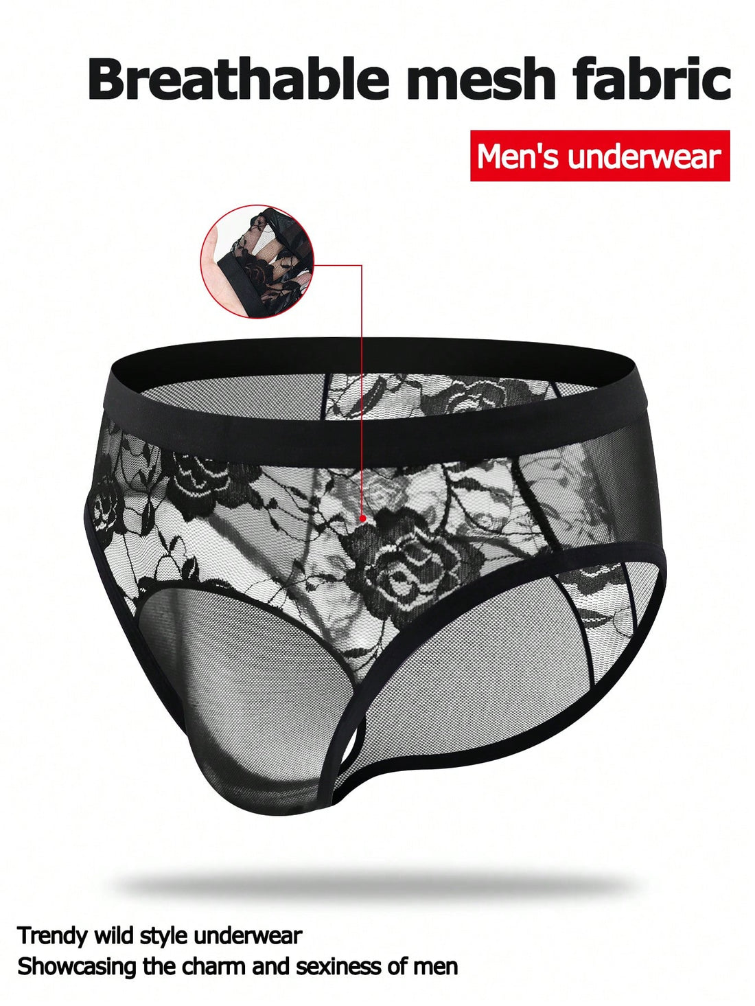 Men's black low rise sheer mesh thong with plant pattern detail.