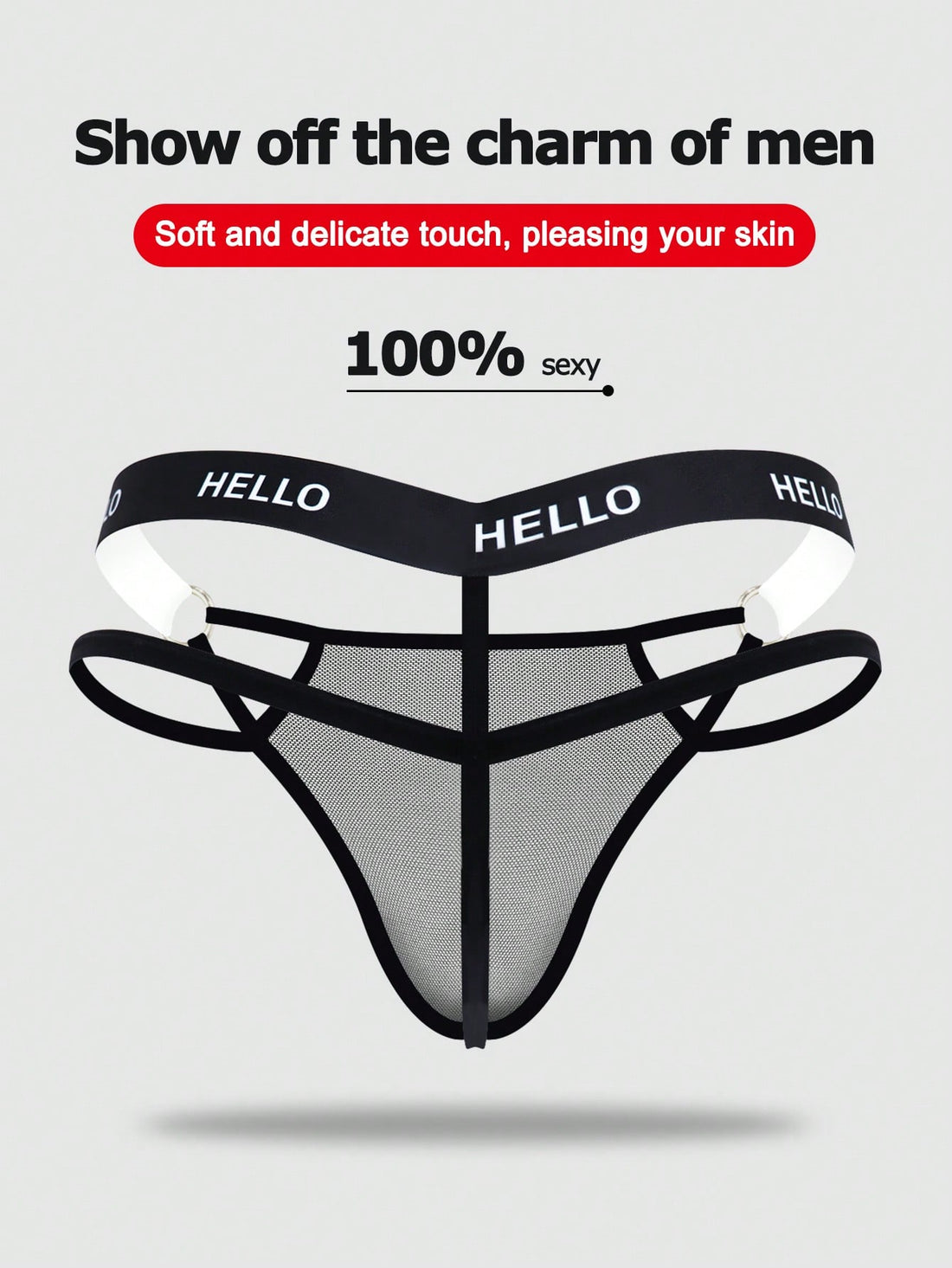 Black men's low rise mesh thong underwear featuring a backless design, sheer fabric, cup detail, and medium stretch material.