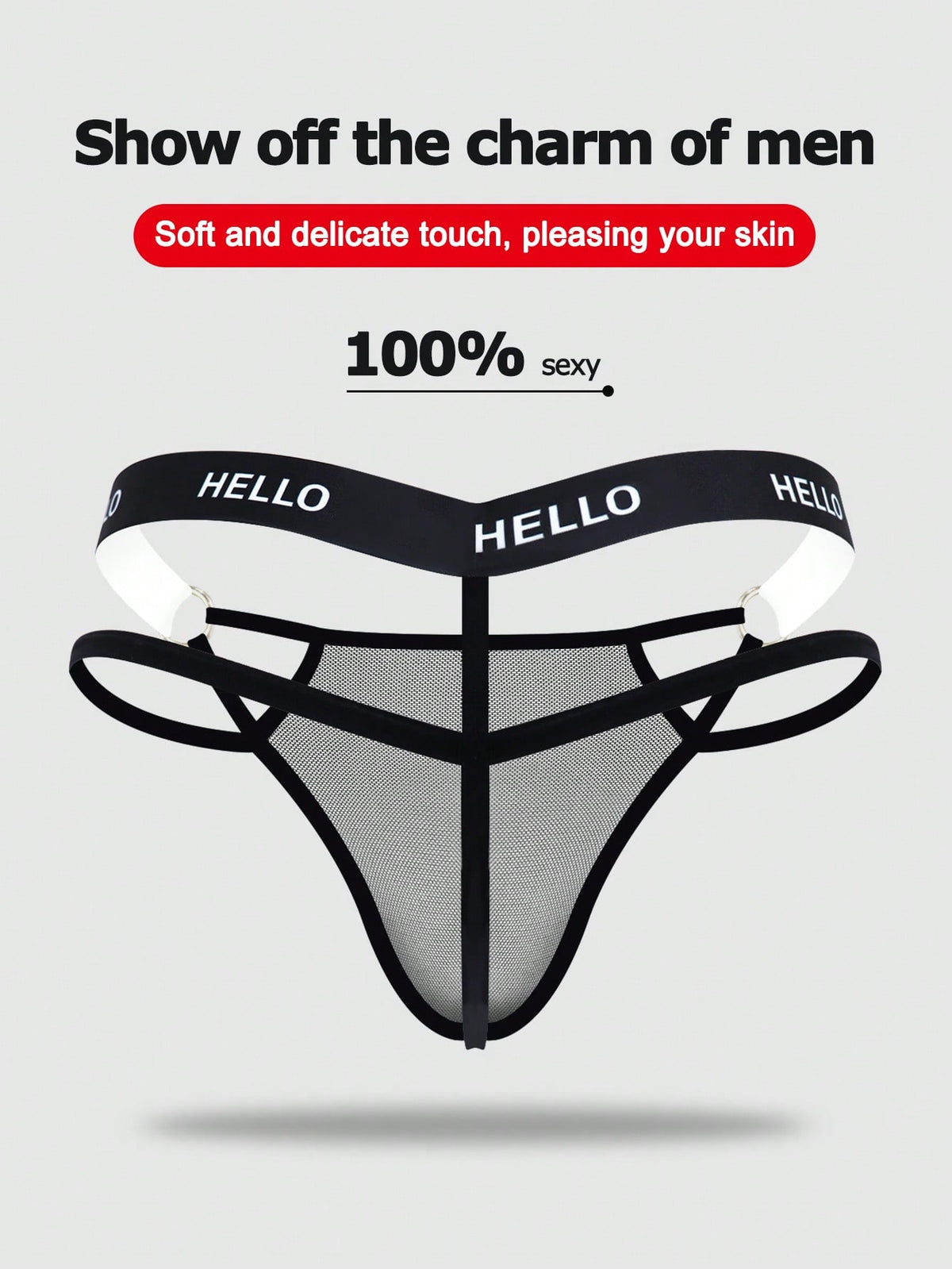 Black men's low rise mesh thong underwear featuring a backless design, sheer fabric, cup detail, and medium stretch material.