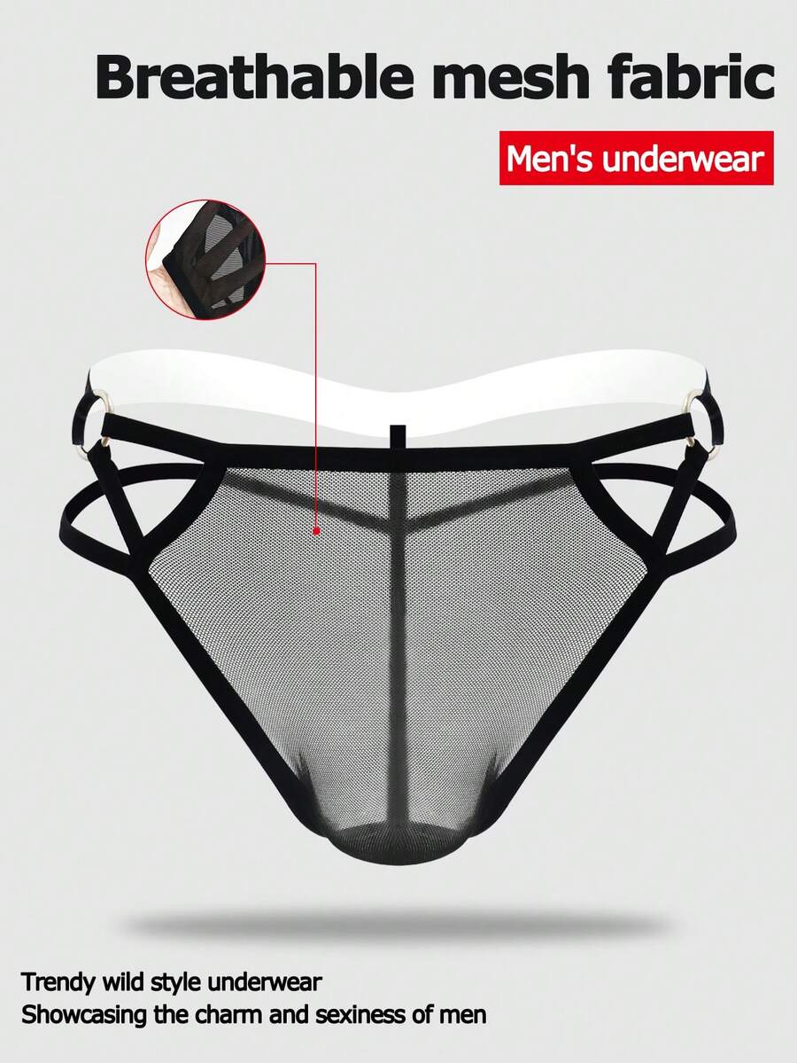 Black men's low rise mesh thong underwear featuring a backless design, sheer fabric, cup detail, and medium stretch material.