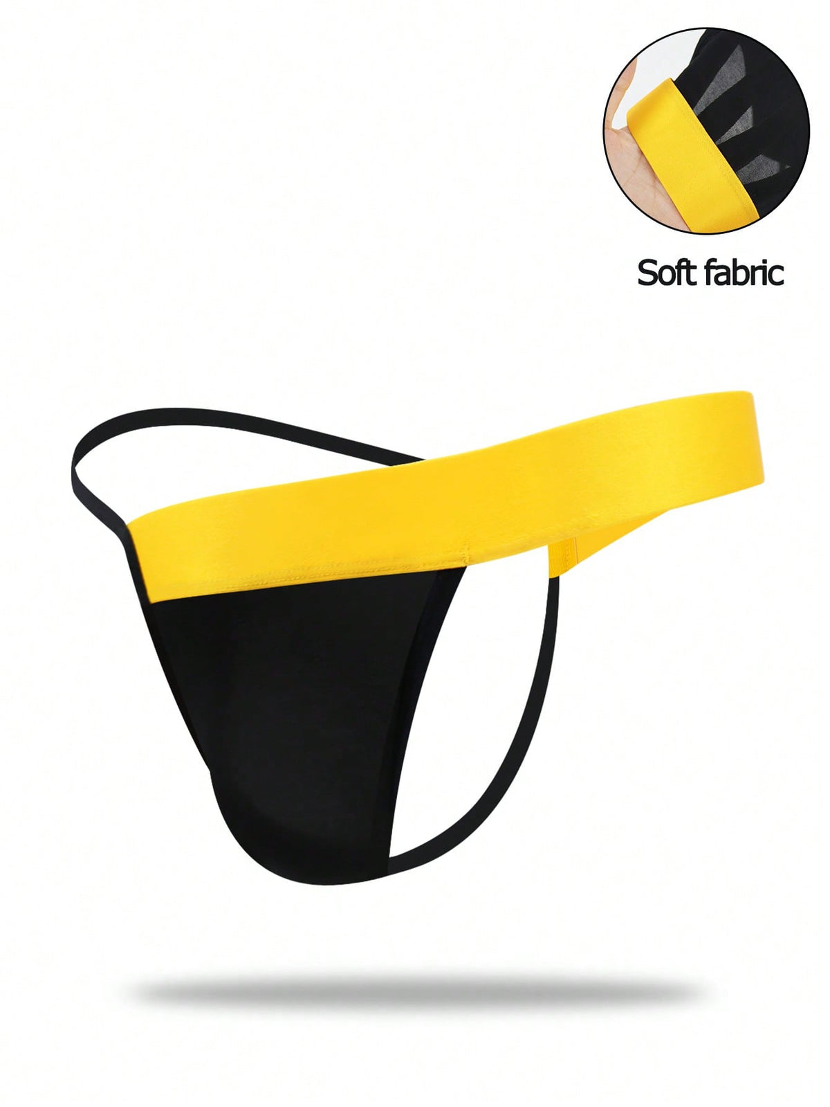 Black low rise men's thong underwear with embroidery detail on knitted fabric.