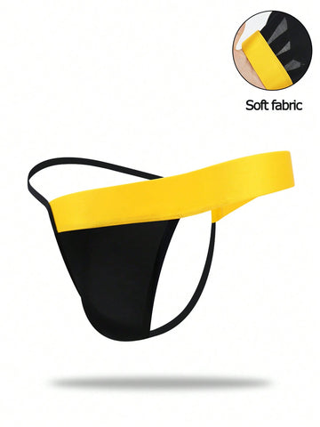Black low rise men's thong underwear with embroidery detail on knitted fabric.
