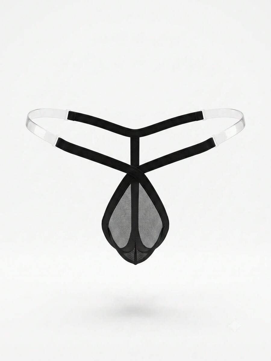 Black low-rise men's backless V-string thong underwear made from knitted stretch fabric.