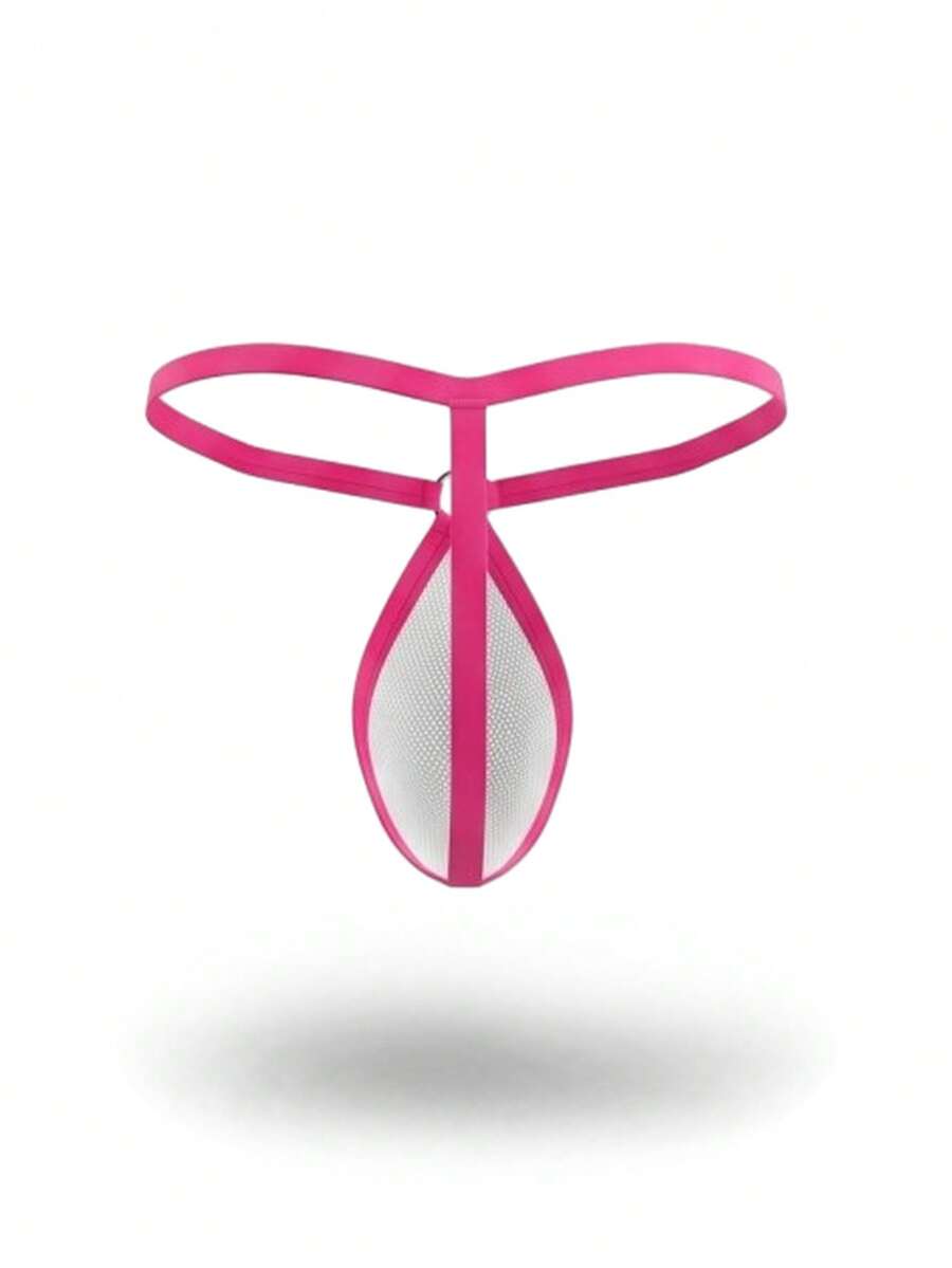 White men's low-rise mesh thong underwear featuring contrast binding detail.