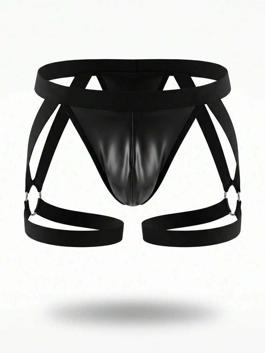 Men's low rise solid black PU boxer briefs featuring a sleek unlined design with medium stretch.