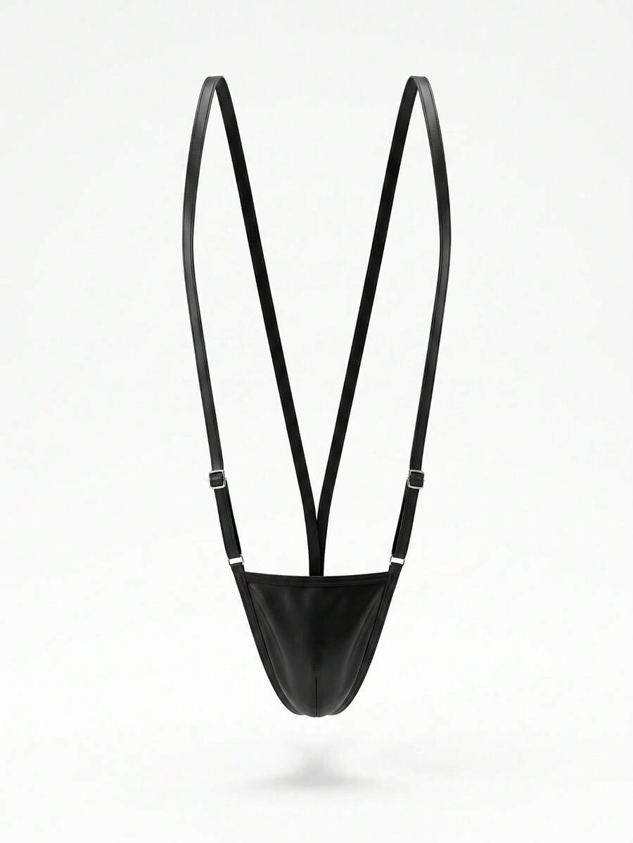 Black men's PU material sexy vest with stand collar and matching low-rise V-string underwear featuring ring detail