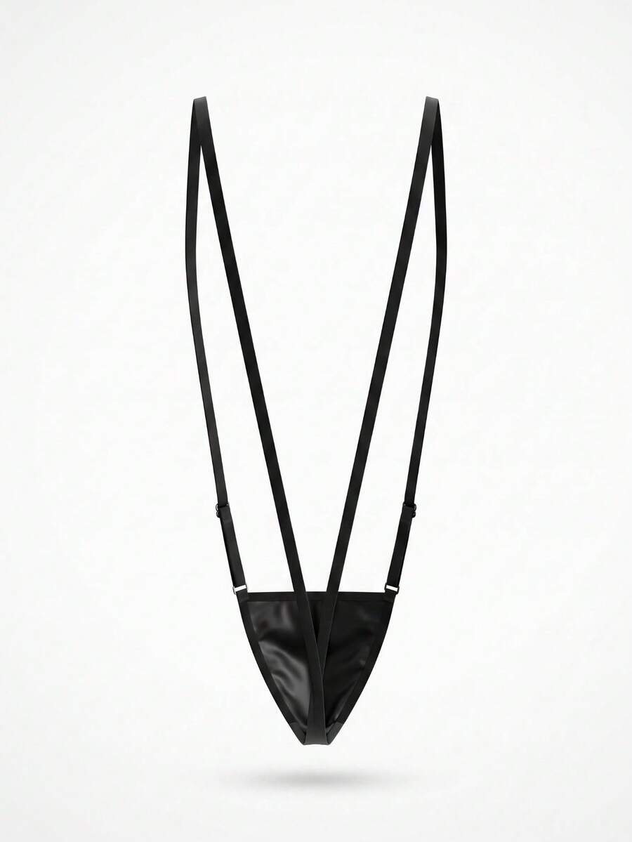 Black men's PU material sexy vest with stand collar and matching low-rise V-string underwear featuring ring detail