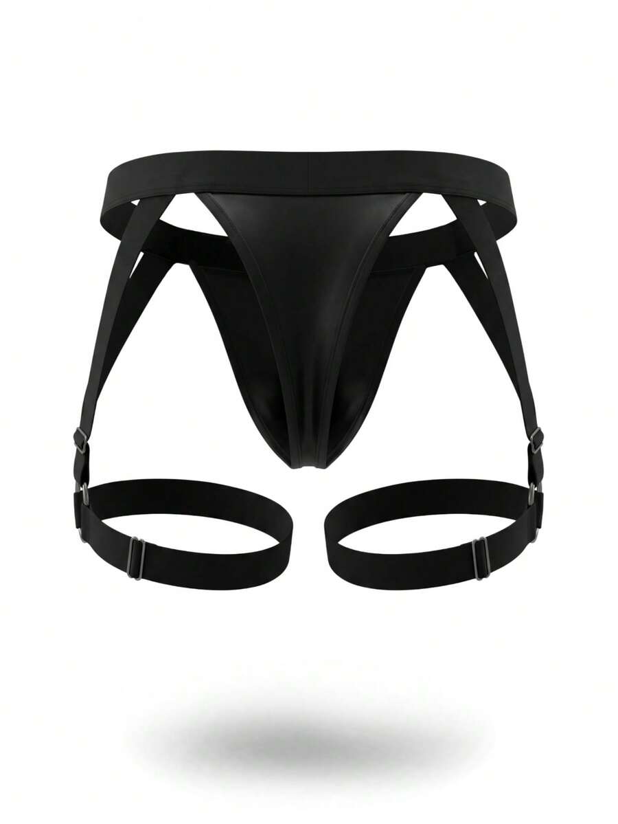 Men's low rise solid black PU boxer briefs featuring a sleek unlined design with medium stretch.