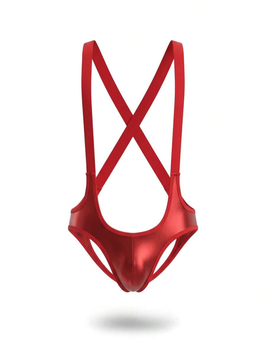 Men's black PU suspender lingerie featuring a criss-cross backless design and low-rise fit.