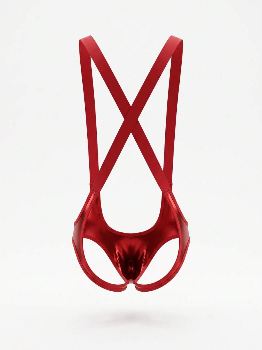 Men's black PU suspender lingerie featuring a criss-cross backless design and low-rise fit.