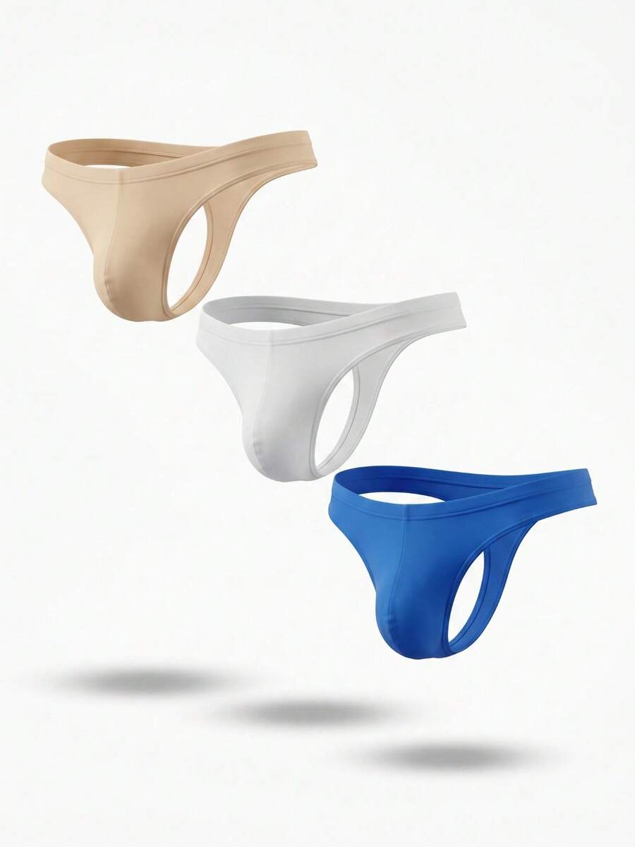 3-pack of men's low-rise solid color thongs made from high-stretch polyamide blend fabric
