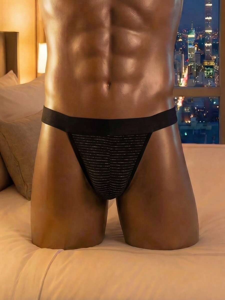 Black men's ice silk high cut briefs featuring a low rise waist and colorblock design.