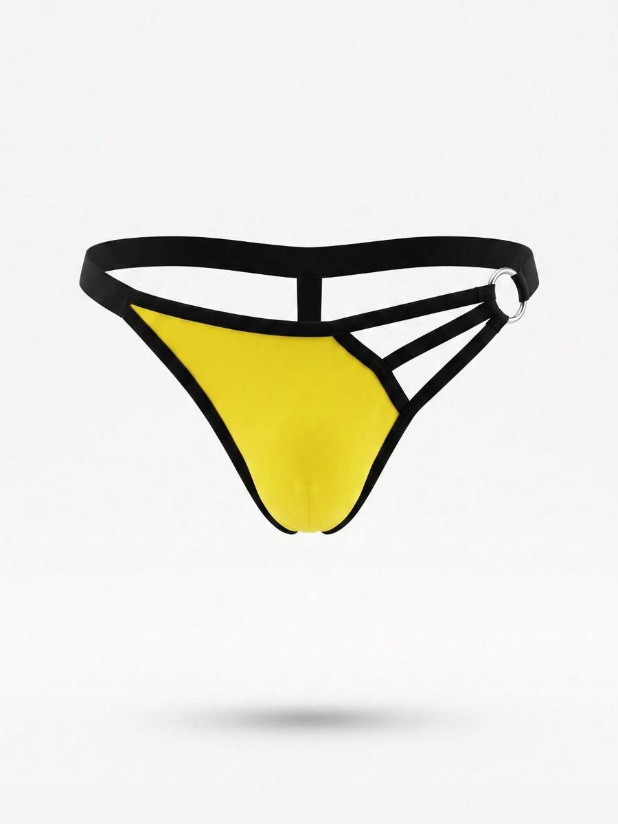 Yellow colorblock men's low rise thong underwear with contrast binding detail.