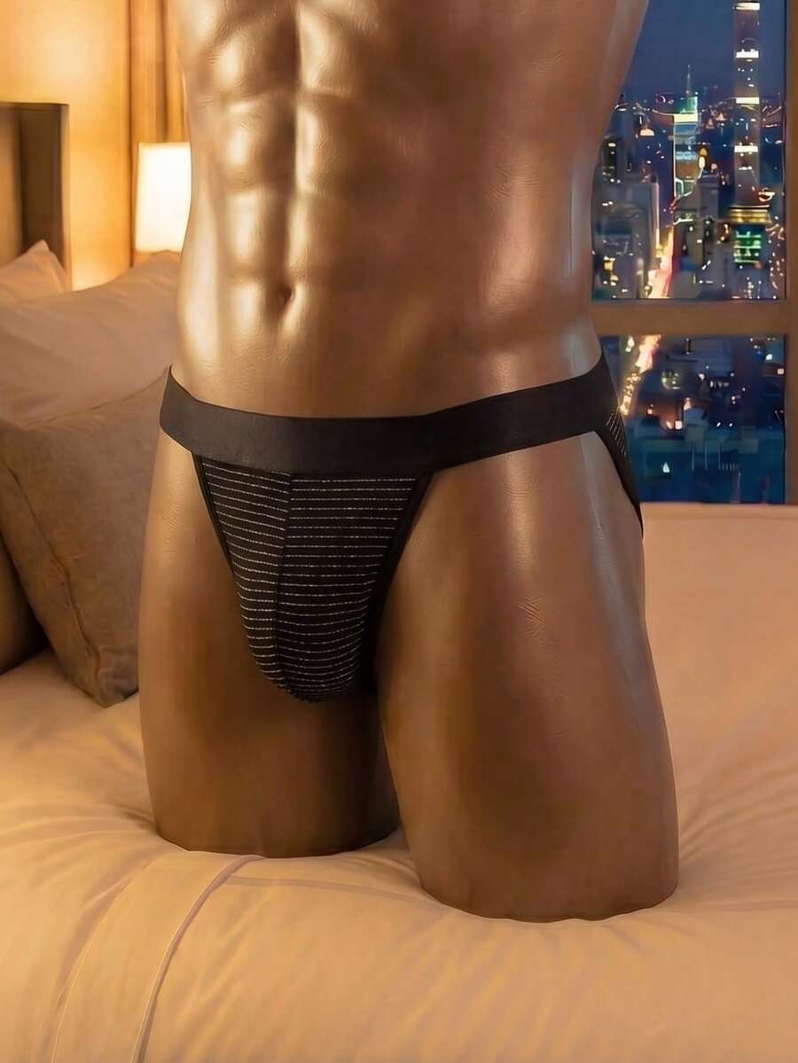 Black men's ice silk high cut briefs featuring a low rise waist and colorblock design.