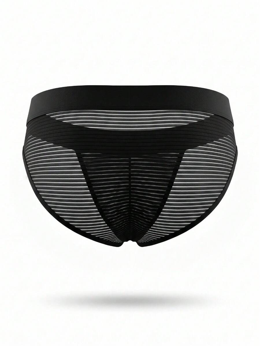 Black men's ice silk high cut briefs featuring a low rise waist and colorblock design.