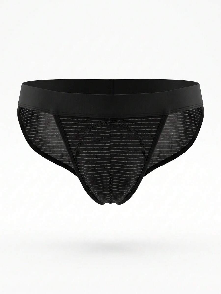 Black men's ice silk high cut briefs featuring a low rise waist and colorblock design.