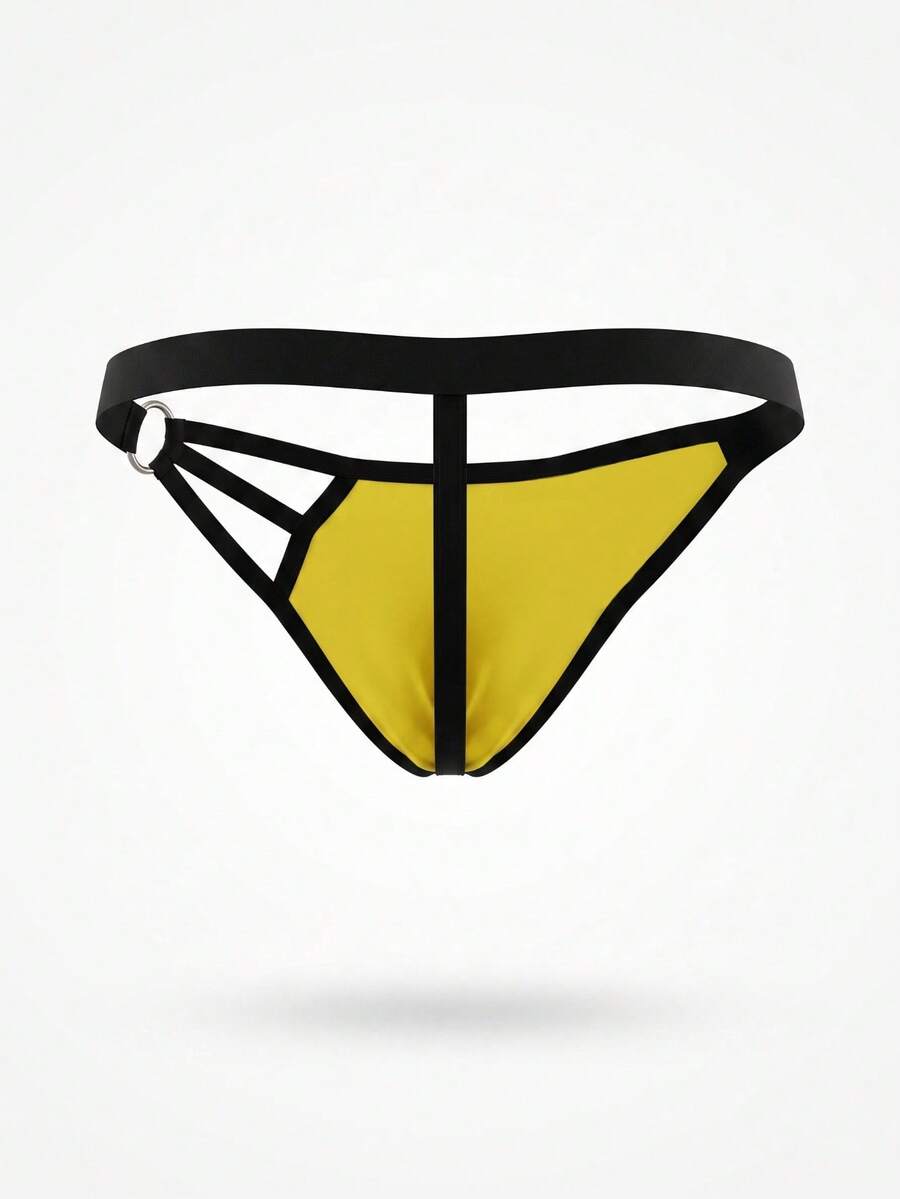 Yellow colorblock men's low rise thong underwear with contrast binding detail.