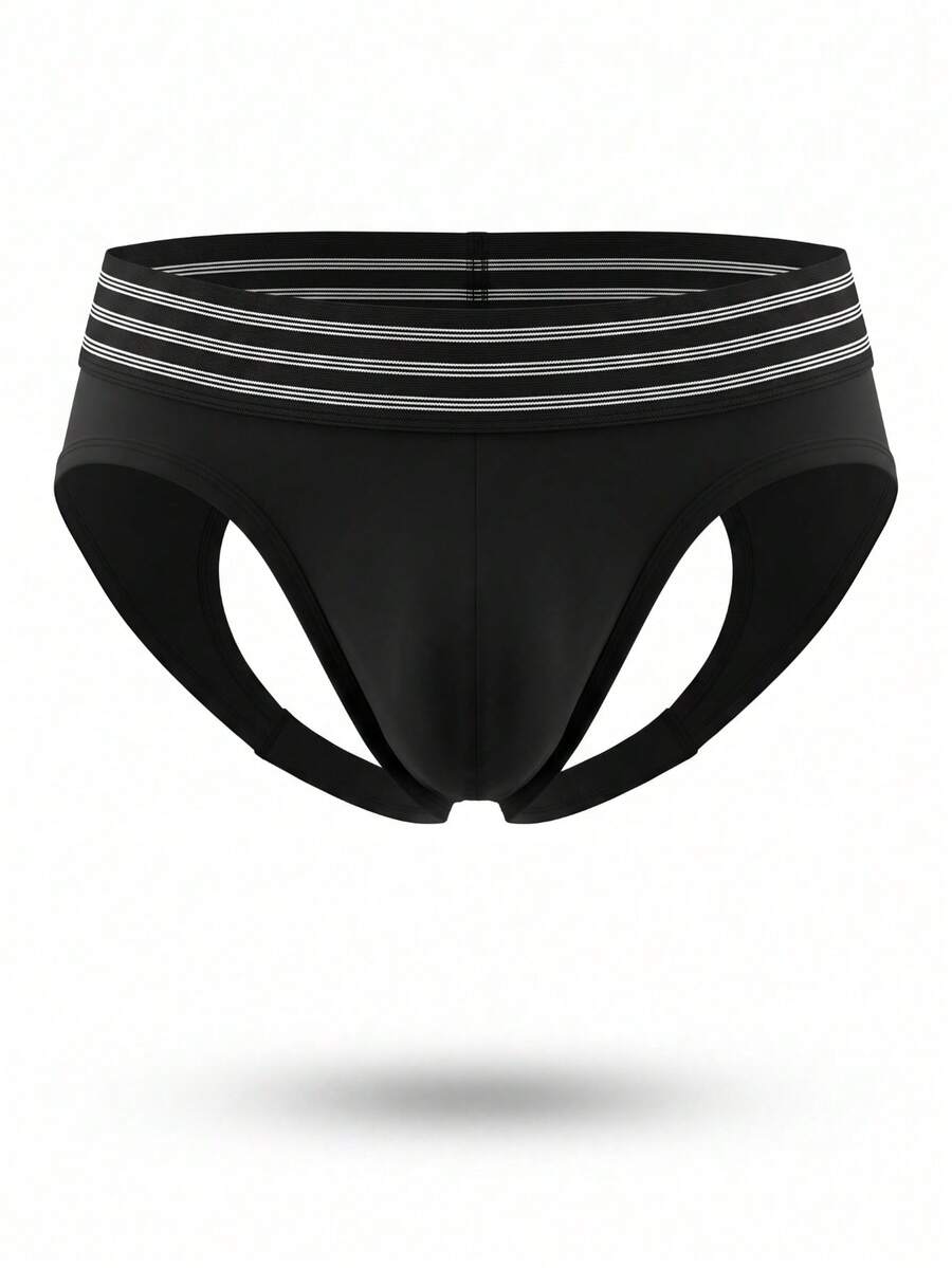 Front view of solid black low-rise men's jockstrap underwear made from knitted fabric.