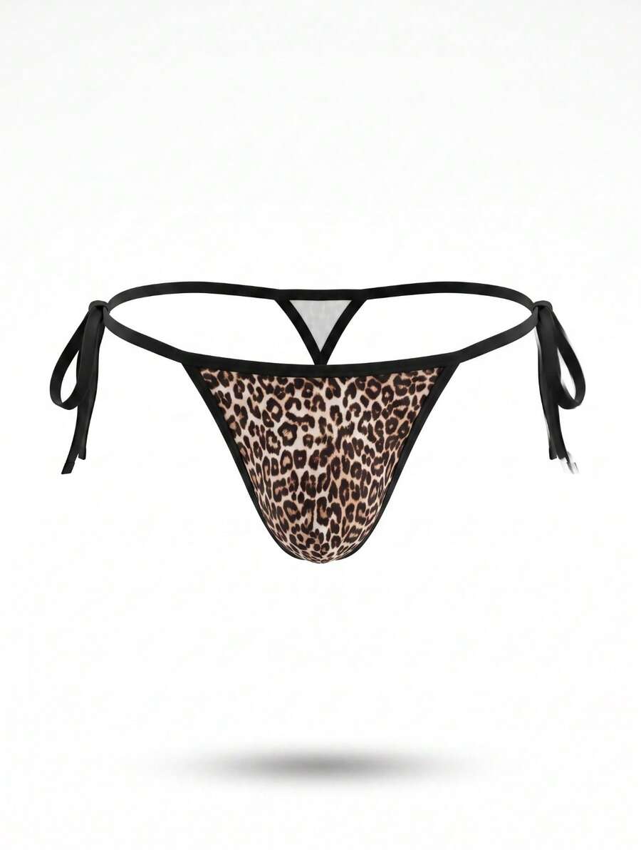 Multicolor leopard print men's low rise thong underwear made from stretch knitted fabric.