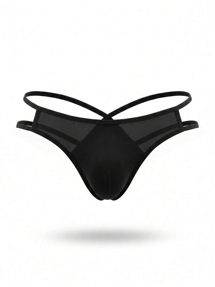 Black men's thong underwear with criss cross detail and low rise fit