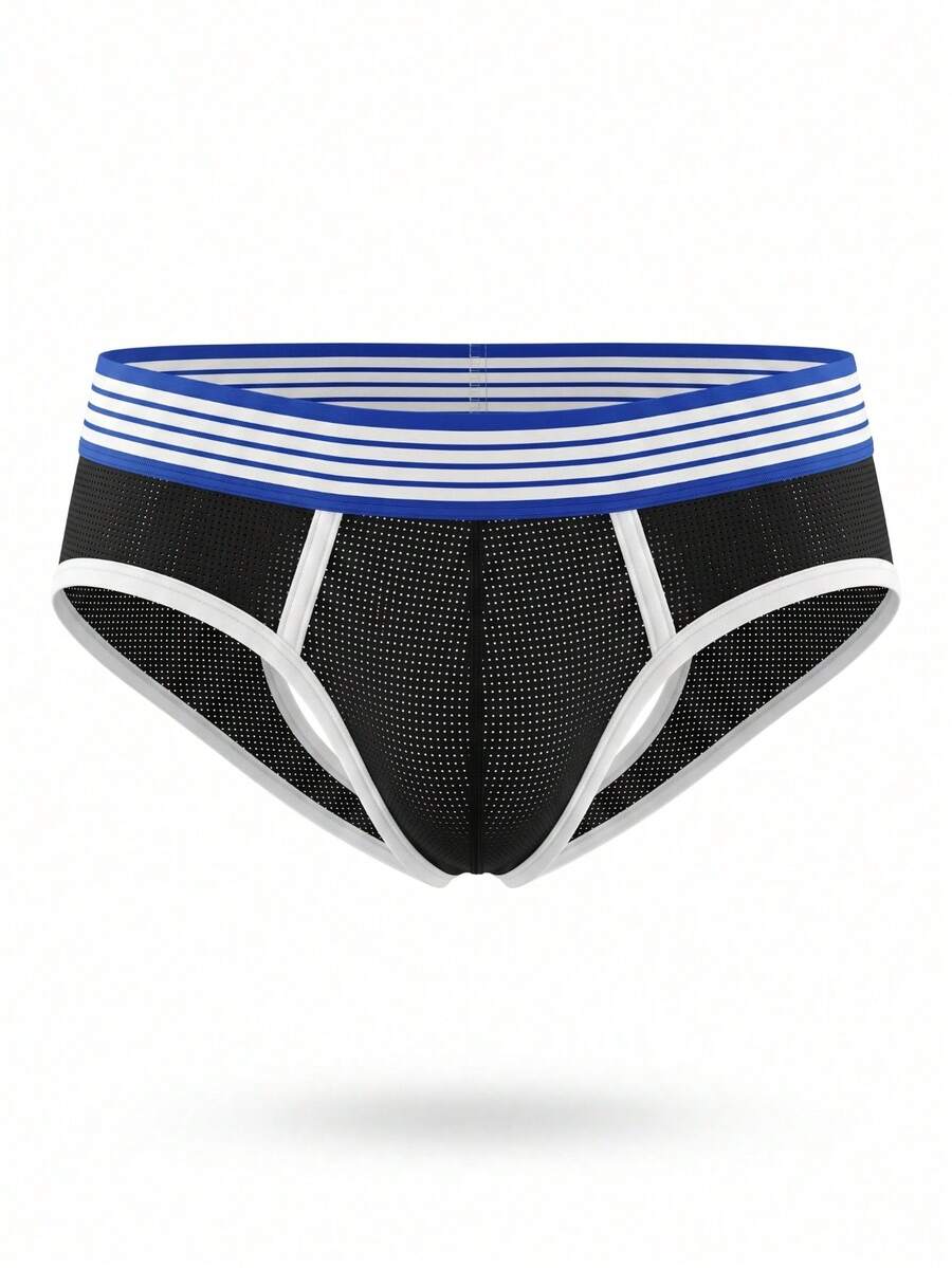 Men's low rise striped jockstrap underwear crafted from multicolor knitted stretch fabric.